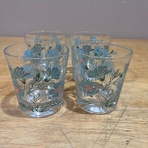 Vtg Taylor Smith & Taylor Teal Ever Yours Floral Juice Glasses Set of‎ 4 MCM